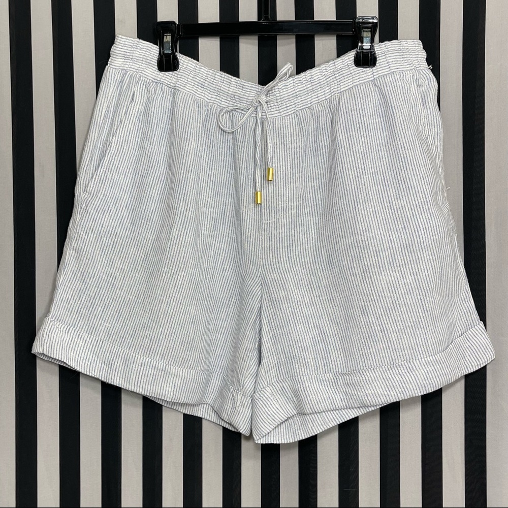Ellen Tracy White & Blue Stripped Drawstring Linen High Waist Shorts Size Small